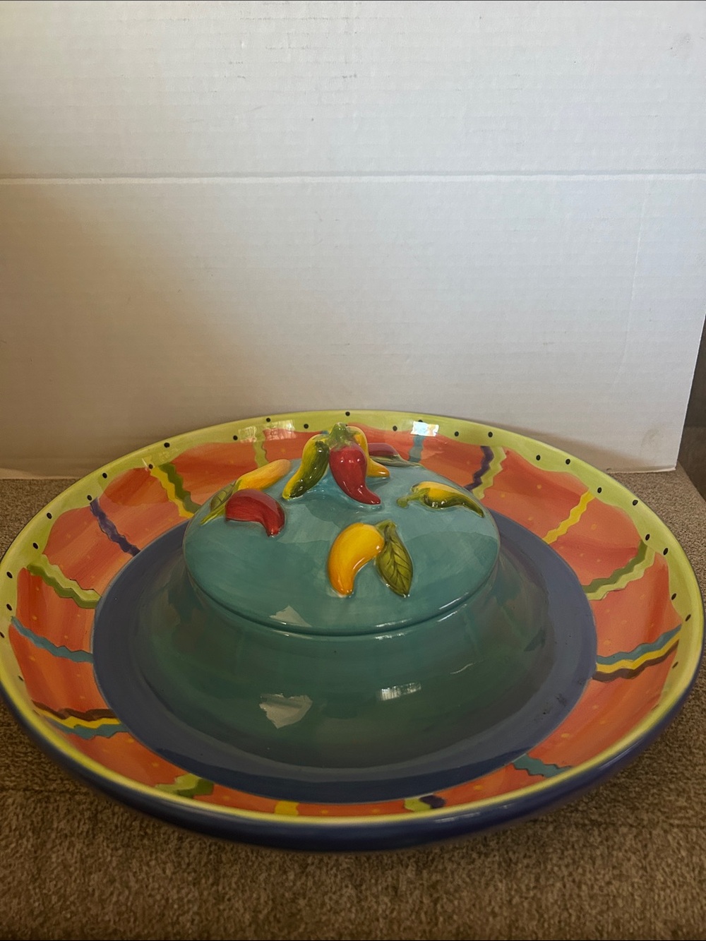 Colorful Ceramic Serving Dish with Lid - Teal, Orange, Yellow, Red 14 inch